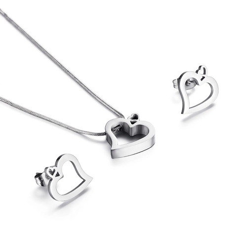 Hollow Heart Pendant Necklace And Stud Earrings Stainless Steel Jewelry For Women Girls Simple Elegant Daily Wear