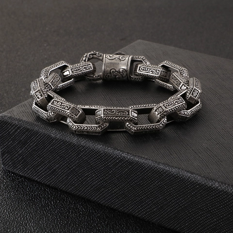 Herren Retro Graviertes Blumenmuster Gliederarmband 316L Edelstahl Punk Gothic Biker Schweres Metall Schmuck