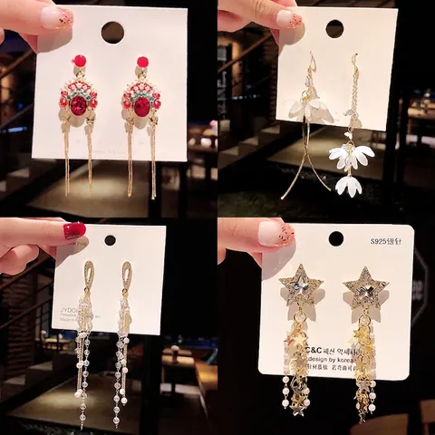 Long Tassel Dangle Earrings For Women Alloy Cubic Zirconia Butterfly Star Flower Design With 925 Sterling Silver Earring Post Elegant Korean Style Jewelry