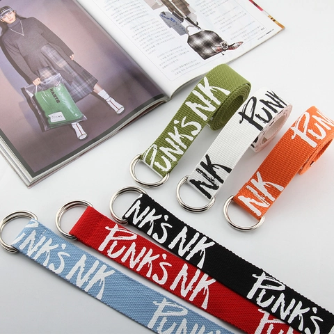 Cinturón De Lona Hebilla Doble Anilla En D Impresión De Letras Punk Streetwear Casual Ajustable Para Hombres Mujeres