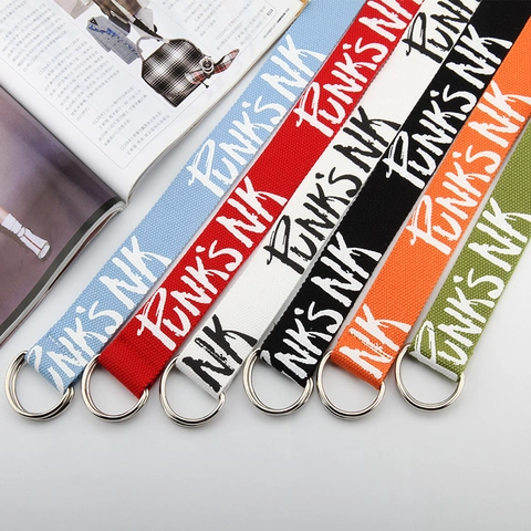 Cinturón De Lona Hebilla Doble Anilla En D Impresión De Letras Punk Streetwear Casual Ajustable Para Hombres Mujeres