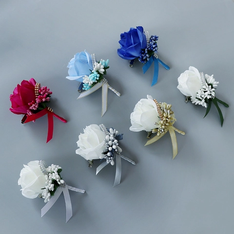 Boutonniere Matrimonio Corsage Da Polso Rosa Di Raso Bacca Strass AB Decorazione Fatta A Mano Per Festa Ballo Sposo Damigella D'onore