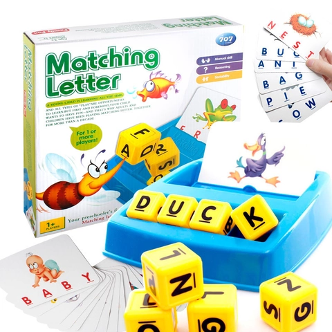 Matching Letter Spelling Game Educational Toy For Kids English Word Recognition Learning Set With Blue Base Yellow Cubes Flash Cards Preschool Teaching Aid