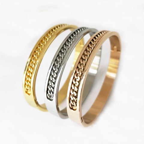 Armreif Aus Edelstahl Mit Bordsteinketten Inlay Galvanisierter Punk Hip Hop Schmuck Für Herren Damen