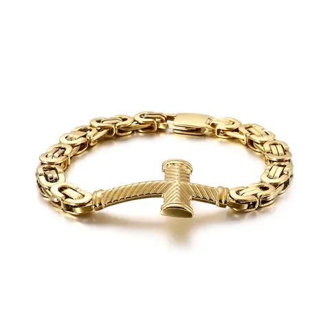 Men Cross Byzantine Chain Bracelet 316L Stainless Steel Retro Punk Gothic Hip Hop Jewelry Fashion Cool Religious Gift