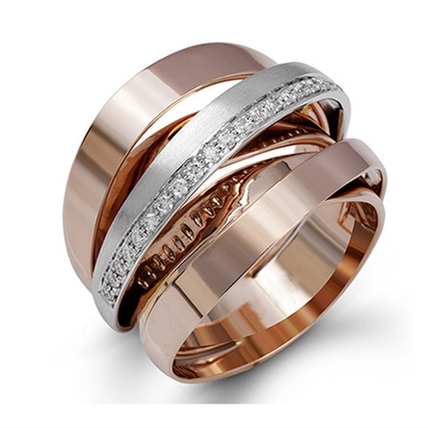 Multi-Layer Wrap Ring For Women Copper Rose Gold Bi-Color Geometric Micro-Pave Cubic Zirconia Statement Jewelry