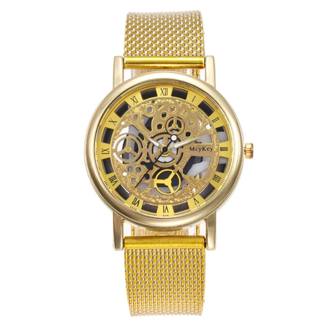 Heren Skelet Horloge Holle Wijzerplaat Romeinse Cijfers Quartz Polshorloge Roestvrijstalen Gaasband Casual Zakelijke Stijl