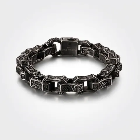 Men Bracelet 316L Stainless Steel Retro Carved Gothic Punk Style Antique Silver Finish Geometric Heavy Metal Jewelry