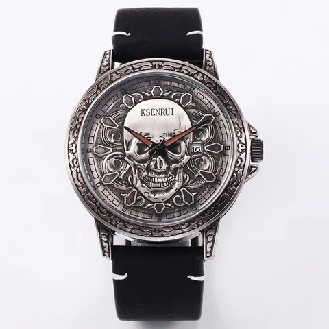 Retro Skull Relief Men Quartz Watch Gothic Personalized Leather Strap Waterproof Calendar Alloy Round Dial Timepiece
