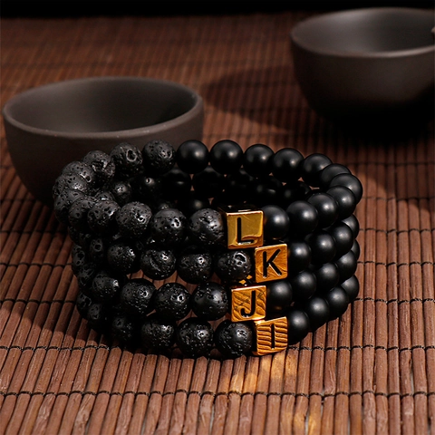 Beaded Bracelet Lava Stone Agate Stainless Steel Square Initial Letter Retro Elastic Handmade Jewelry For Men Women