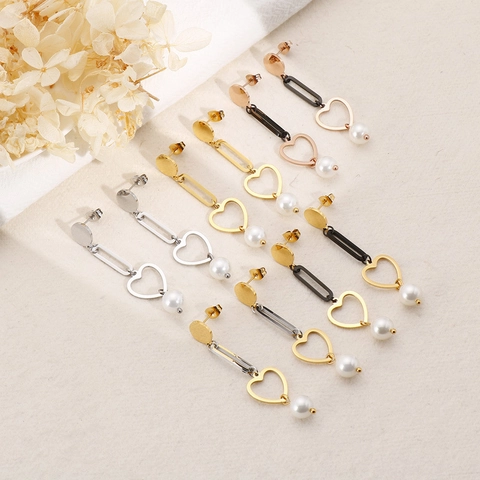 Pendientes Largos De Acero Inoxidable Con Dije De Corazón Y Perla Artificial Geométrica Moda Vintage Para Mujer