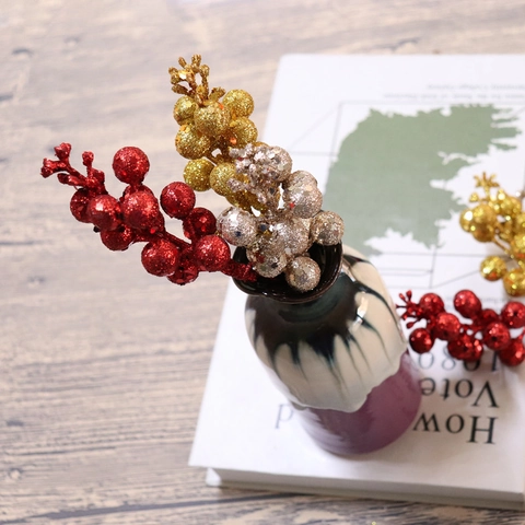 Artificial Berry Branches Glitter Sequin Stems Christmas Decoration DIY Wreath Craft Floral Ornaments Home Holiday Party