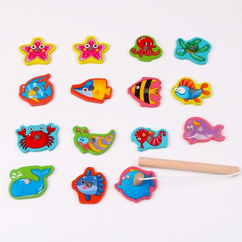 Houten Magnetisch Visspel Speelgoed Metalen Doos Educatief Hand Oog Coördinatie Kinderen Oceaan Dier 3D Cartoon Plezier