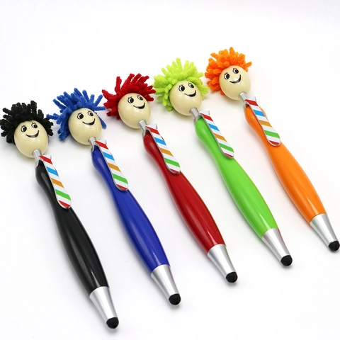 Multi-function Ballpoint Pen Plastic Microfiber Cartoon Mop Topper With Stylus Screen Cleaner Smile Face Novelty
