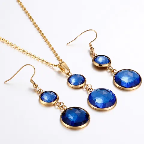 Mode Rund Facettiert Bunter Kristall Schmuck Für Frauen Vergoldet 316L Edelstahl Halskette Und Haken Ohrringe
