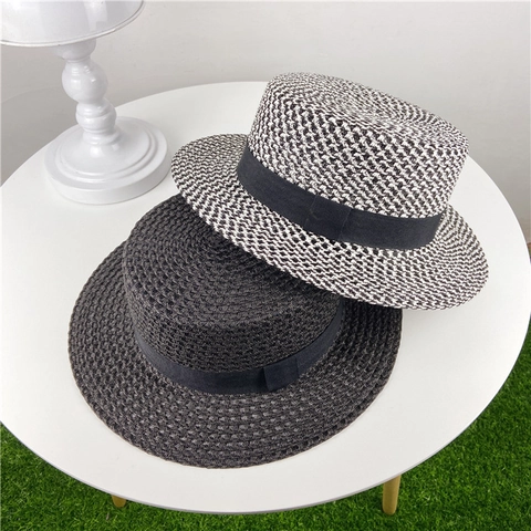 Damen Strohhut Flachdeckel Atmungsaktiv Leinen Gewebt Sonnenschutz Sommer Strand Retro Stil Band Deko