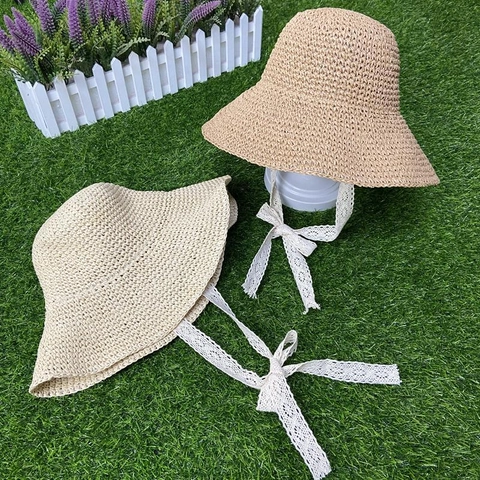Women Kids Straw Sun Hat Wide Brim Woven Bucket Hat With Lace Ribbon Bow Beach Foldable Vintage Fisherman Cap