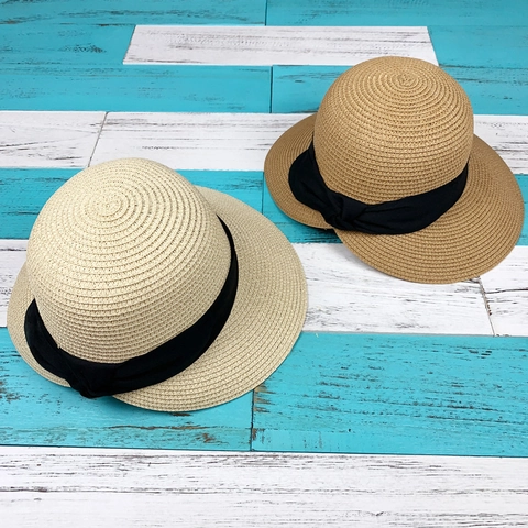 Damen Strohhut Papier Breiter Rand Faltbar Strand Urlaub Elegant Schwarze Schleife Dekor Minimalistisch