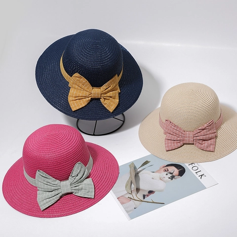 Women Straw Sun Hat Wide Brim Plaid Bow Ribbon Woven Beach Summer Vacation Casual Elegant Sunshade Hat