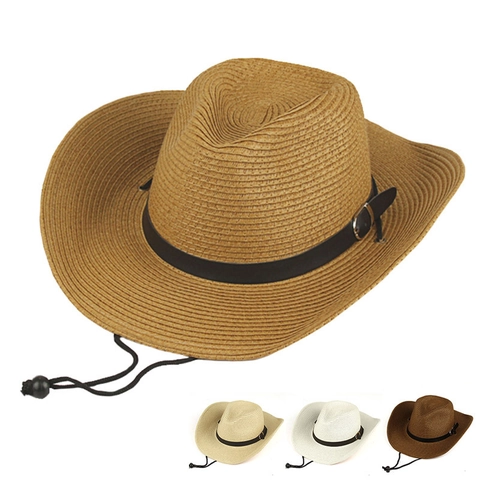 Cappello Cowboy Occidentale Paglia Carta Pieghevole Tesa Larga Protezione Solare Spiaggia Corda Vento Regolabile Cintura Pelle