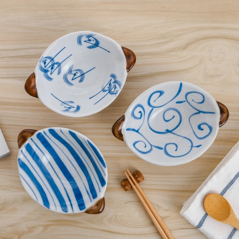 Japanese Hand Painted Ceramic Bowl With Handles High Temperature Porcelain Salad Fruit Dipping Sauce Microwave Safe Dish