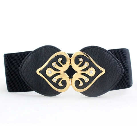 Cintura Elastica Larga Da Donna Corsetto In Ecopelle Elasticizzata Fibbia In Lega Dorata Decorativa Vintage