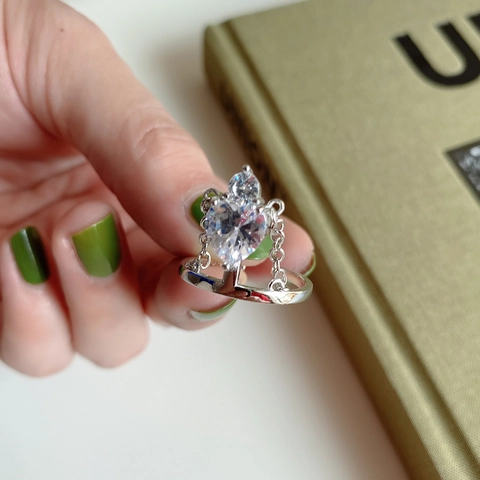 925 Sterling Silber Herz Zirkonia Ring Krone Gliederkette Verstellbar Chic Minimalistisch Schmuck Damen
