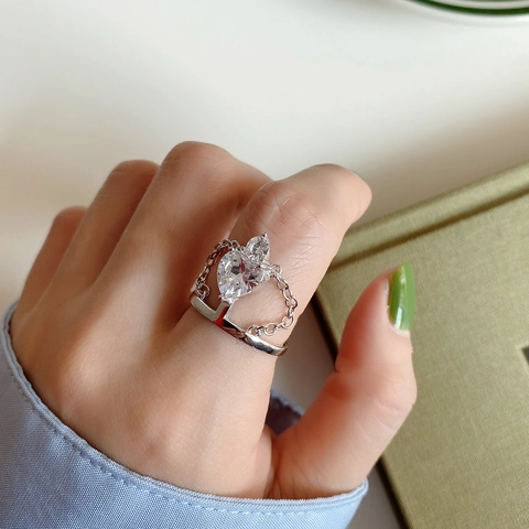 925 Sterling Silber Herz Zirkonia Ring Krone Gliederkette Verstellbar Chic Minimalistisch Schmuck Damen