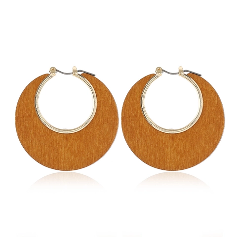 Retro Wood Hoop Earrings For Women Hollow Geometric Round Wooden Alloy Fashion Jewelry