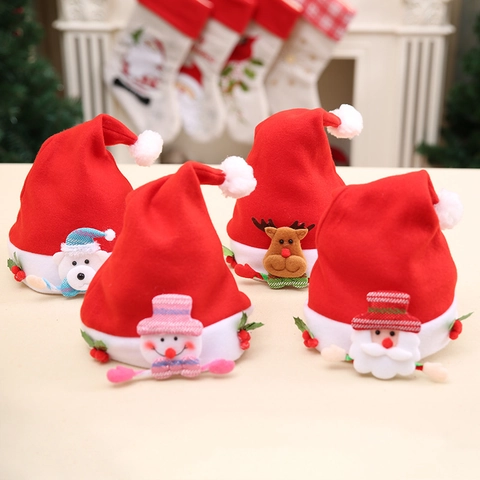 Cappelli Di Natale Tessuto Morbido Rosso Bianco Cartone Animato Babbo Natale Pupazzo Di Neve Renna Orso Accessorio Festa