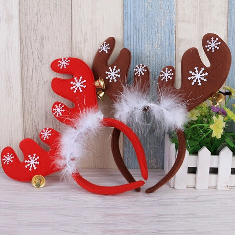 Bandeau De Noël Bois De Renne Tissu Feutre Avec Plume Blanche Cloche Dorée Imprimé Flocon De Neige Accessoire De Fête
