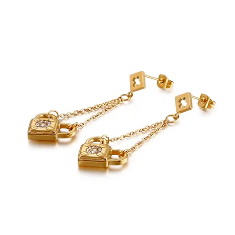 Roestvrijstalen Slot Hangende Oorbellen Voor Dames Koreaanse Stijl Lange Ketting Zirkoon Inleg Kruis Mode Sieraden