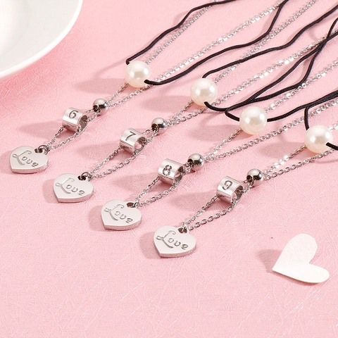 Double Layer Necklace Stainless Steel Heart Love Pendant Imitation Artificial Pearl Black Rope Numeric Cylinder Fashion Jewelry