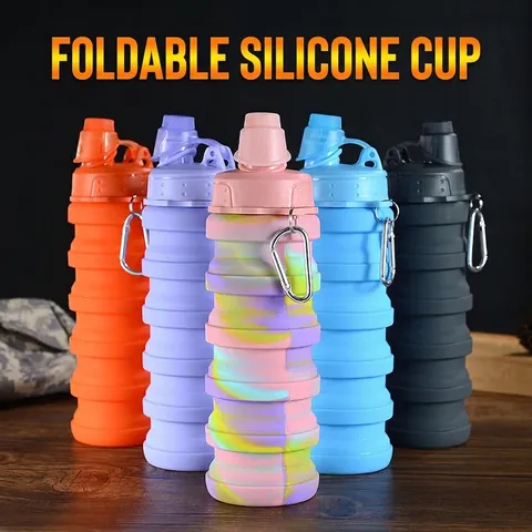 Collapsible Silicone Water Bottle BPA Free Foldable Sports Travel Portable Leakproof With Carabiner
