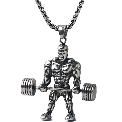 Vintage Legierung Muskelmann Langhantel Anhänger Halskette Für Herren Fitness Fitnessstudio Bodybuilding Stil Schmuck Antik Silber Gold Kette