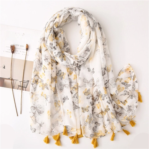 Women Butterfly Print Scarf Shawl Lightweight Polyester Cotton Linen Feel Elegant Large Wrap With Yellow Tassels