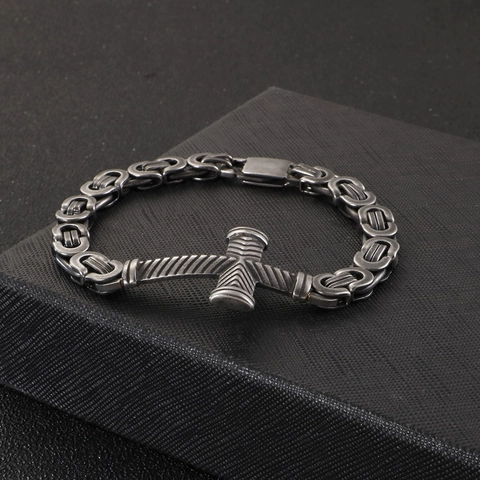 Men Cross Byzantine Chain Bracelet 316L Stainless Steel Retro Punk Gothic Hip Hop Jewelry Fashion Cool Religious Gift