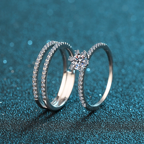Ensemble de Bagues en Argent Sterling 925 Moissanite pour Femmes Coupe Ronde Couronne Six Griffes Empilable Zirconia Mariage Vintage