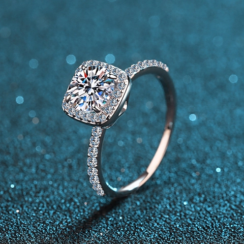 925 Sterling Silber Moissanit Ring Cushion Halo Rund Brillantschliff Verlobung Hochzeit Brautschmuck Für Frauen