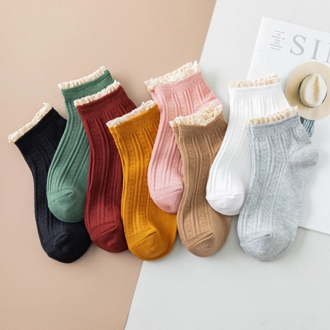 Fantasmini in Cotone da Donna con Bordo in Pizzo Stile Giapponese Calzini a Costine Taglio Basso Estivi Primaverili per Donna