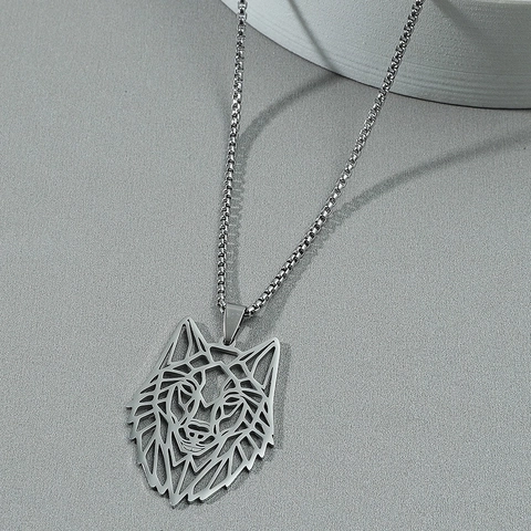 Wolf Head Necklace Pendant For Men Stainless Steel Geometric Hollow Animal Charm Punk Hip Hop Gothic Jewelry Gift