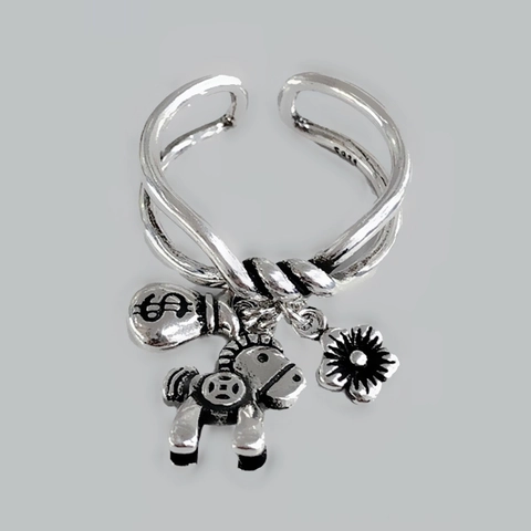 Retro Koperen Open Ring Voor Vrouwen Verstelbare Verzilverde Gelukspaard Geldzak Bloem Hanger Sieraden Geoxideerde Ring