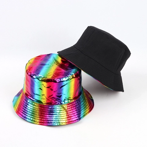 Regenboog Laser Metallic Lakleer Vissershoed Omkeerbaar Waterdicht Opvouwbaar Hip Hop Fisherman Cap Dames Heren