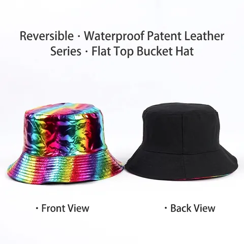 Regenboog Laser Metallic Lakleer Vissershoed Omkeerbaar Waterdicht Opvouwbaar Hip Hop Fisherman Cap Dames Heren