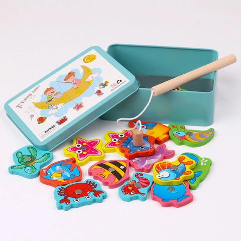 Houten Magnetisch Visspel Speelgoed Metalen Doos Educatief Hand Oog Coördinatie Kinderen Oceaan Dier 3D Cartoon Plezier