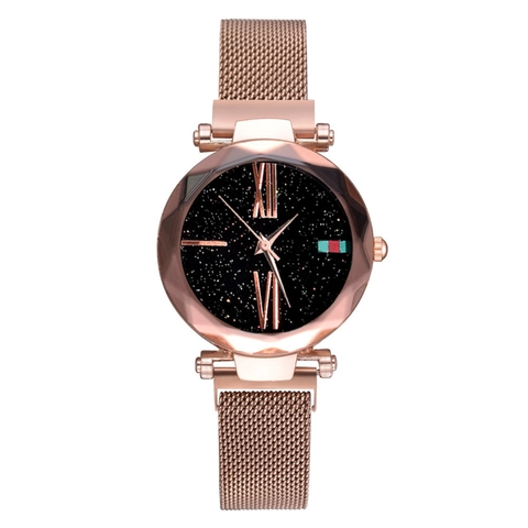 Women Quartz Watch Fashion Starry Sky Dial Milanese Magnetic Mesh Strap Elegant Cut Glass Analog Wristwatch