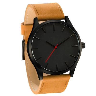 Men Minimalist Quartz Watch With Matte Black Alloy Case Faux Leather Strap Red Second Hand Business Casual Fashion