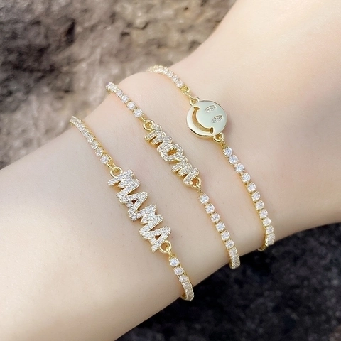 Verstelbare Bolo Armband Met Zirkonia Koper Mama Mom Smile Face Hanger Mode Voor Vrouwen