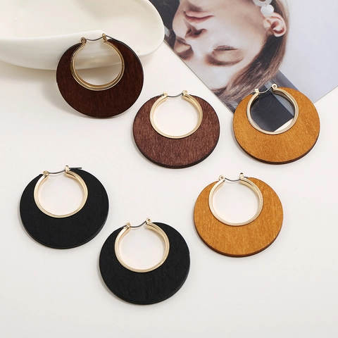 Retro Wood Hoop Earrings For Women Hollow Geometric Round Wooden Alloy Fashion Jewelry