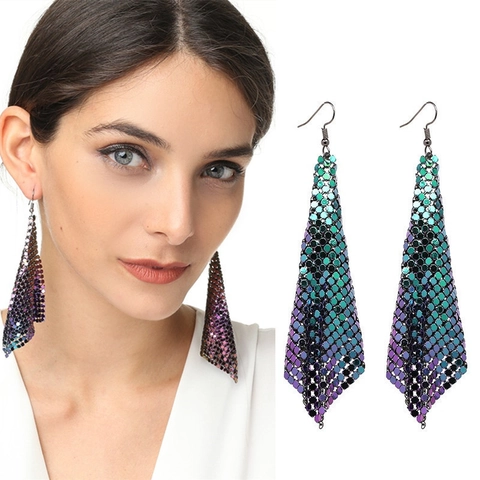 Fashion Metal Mesh Sequin Dangle Drop Earrings For Women Geometric Triangular Long Fluid Tassel Chic Party Disco Jewelry